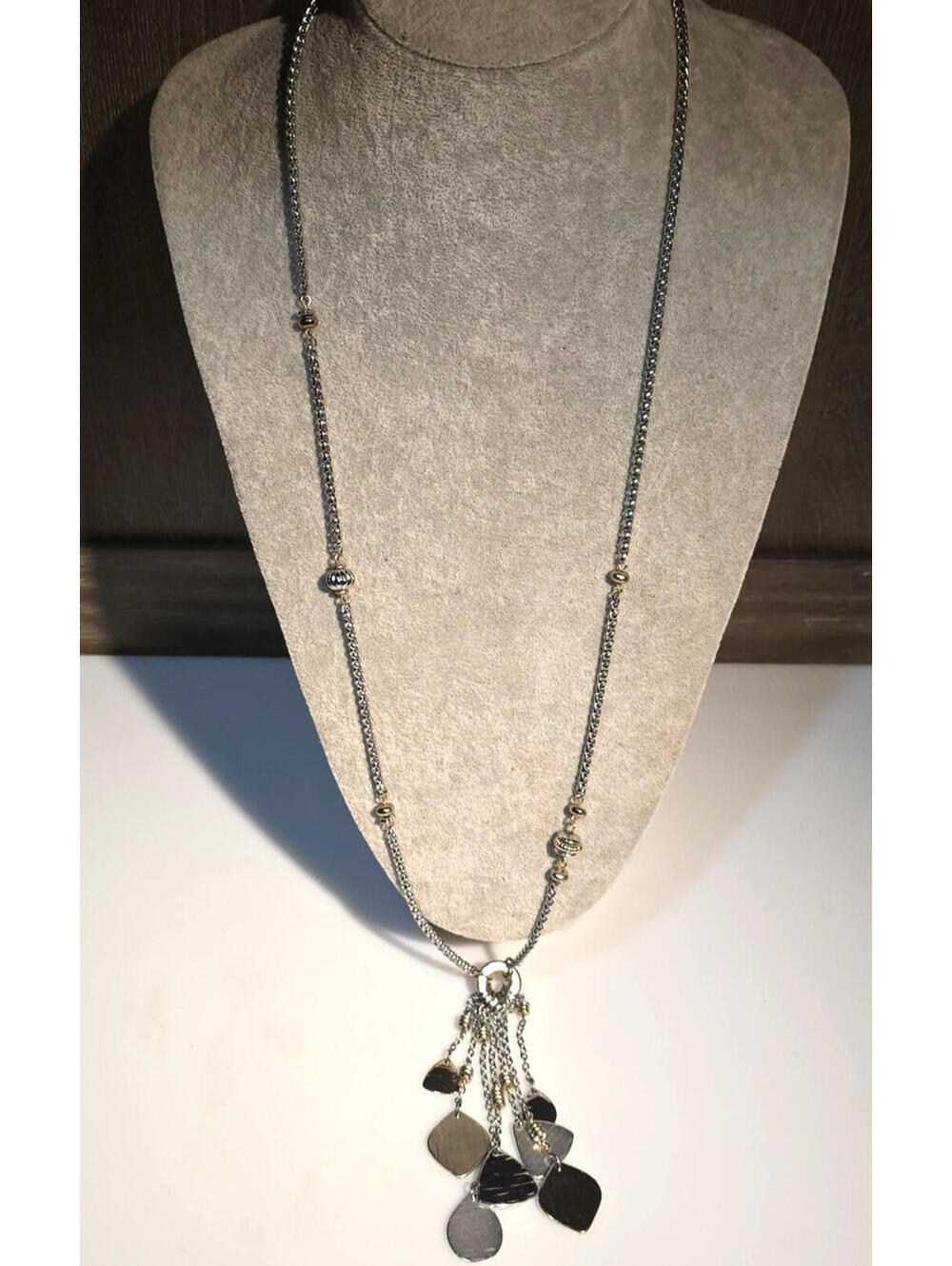Chico's Long 2-Tone Silver Gold Necklace w Tassel Style Multi Pendant Drop